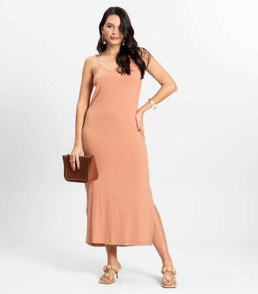 Vestido Midi em Ribana Canelada Rovitex Marrom