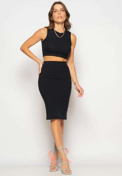 Cropped Regata Recorte Canelado Preto Salvatore Fashion