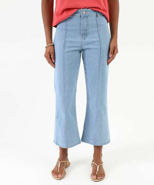 Calça Jeans Reta Feminina Bolsos Azul