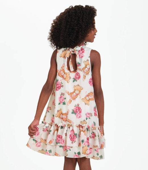 Vestido Meia Malha e Chiffon Trick Nick Bege