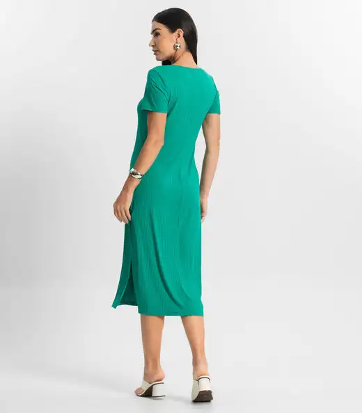 Vestido Midi Ribana Canelada Básico Rovitex Verde