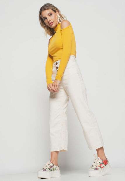 Blusa  Ombro Vazado Manga Longa Canelada Mostarda