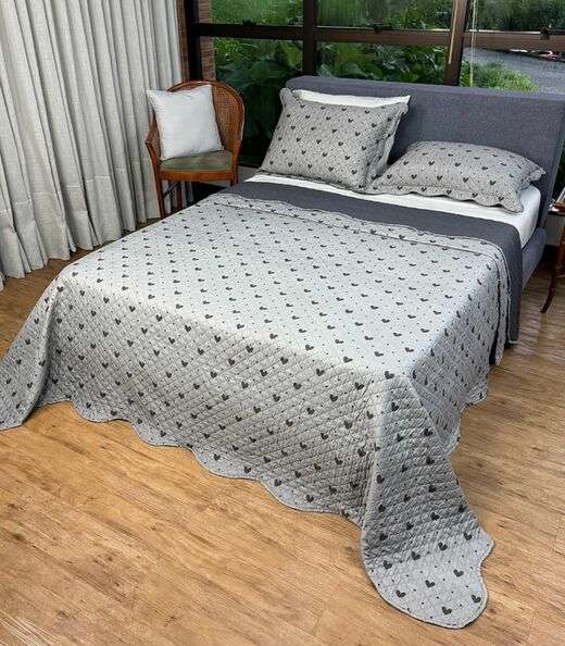 Cobreleito King Corações Dupla Face Lepper Cinza