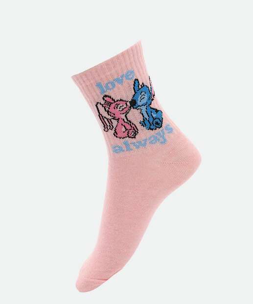 Kit 2 Pares Meias Soquete Feminina Stitch e Angel Disney Rosa