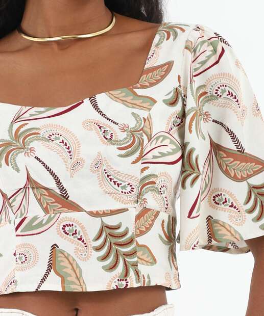 Blusa Cropped Feminina Paisley Lastex Marisa Bege