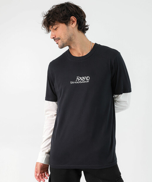 Image_Camiseta Masculina Sobreposição Estampa Frontal Marisa Preto