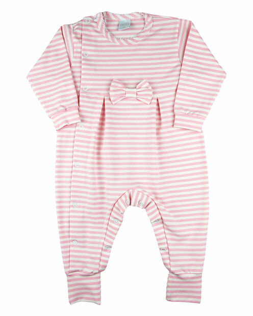 Macacão Bebê Longo Cotton Listrado Classic Lacinho - Rosa
