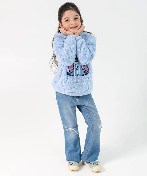 Blusão Infantil Sherpa Capuz Stitch Tam 4 a 10 Azul