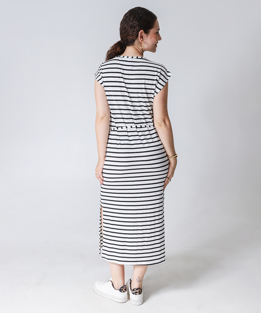 Vestido Midi Listrado Feminino com Amarração Marisa Branco