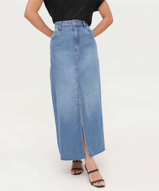 Saia Longa Jeans Feminina Fenda Frontal