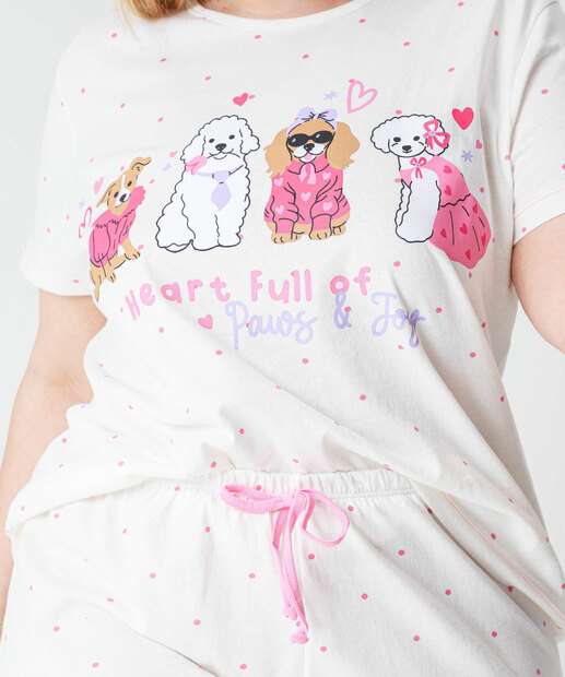 Pijama Plus Size Feminino Poá Cachorros Marisa Off White