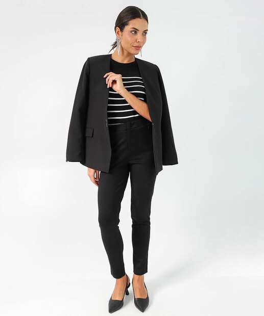 Blusa Feminina Tricô Listrada Manga Curta Marisa Preto