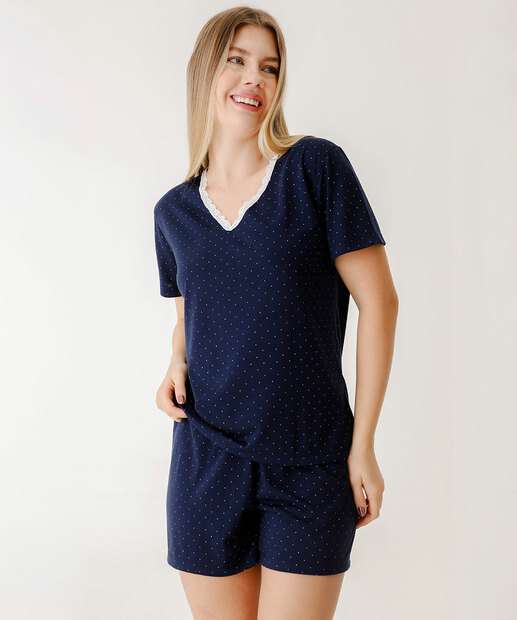 Image_Pijama Feminino Poá Renda Manga Curta Marisa Azul