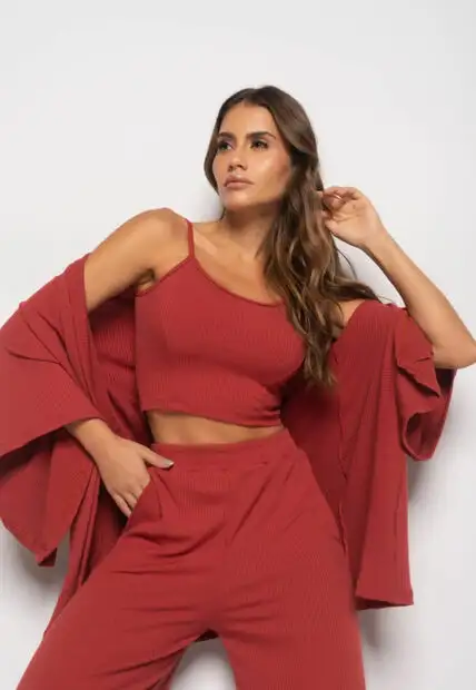 Conjunto Com Kimono, Cropped e Wide Leg Canelado Terra Salvatore