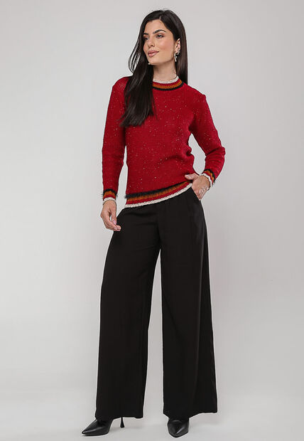 Blusa de Tricot com Fio Boton? Gola Listra Vermelho Salvatore