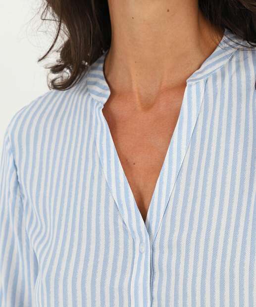 Camisa Feminina Listrada Manga Longa Marisa Azul