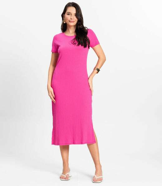 Vestido Midi Ribana Canelada Básico Rovitex Rosa