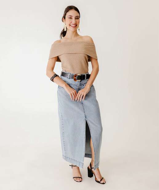 Blusa Feminina Textura Ombro a Ombro Marisa Bege