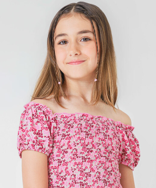 Vestido Juvenil Ciganinha Lastex Floral Marisa Tam 10 a 16 Rosa