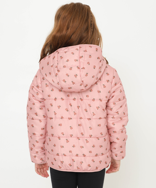 Jaqueta Infantil Puffer Capuz Floral Tam 4 a 10 Marisa Rosa
