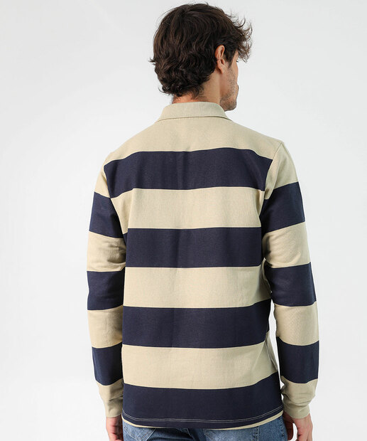 Polo Masculina Moletinho Listrada Manga Longa MR Bege