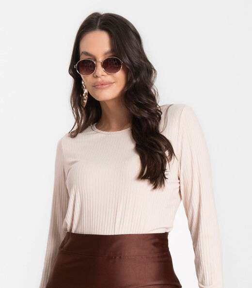 Blusa Feminina Canelada Com Manga Longa Rovitex Bege