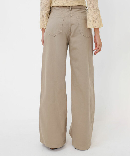 Calça Wide Leg Feminina Sarja Bolsos Bege