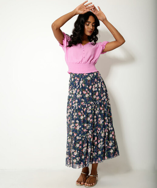 Saia Midi Feminina Tule Estampa Floral Marisa