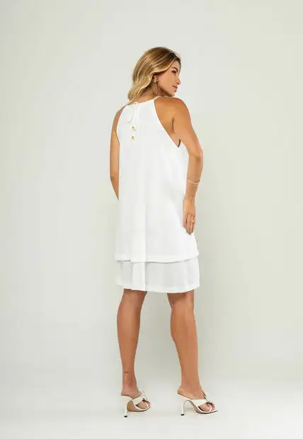 Vestido Curto Com Alças Finas e Babado Duplo Branco Salvatore