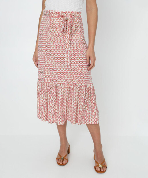 Saia Midi Feminina Estampada Babado Marisa Bege