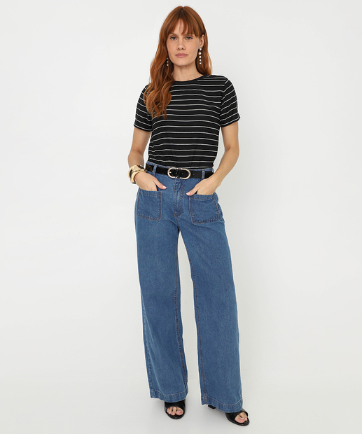 Blusa Feminina Listrada Manga Curta Marisa Preto