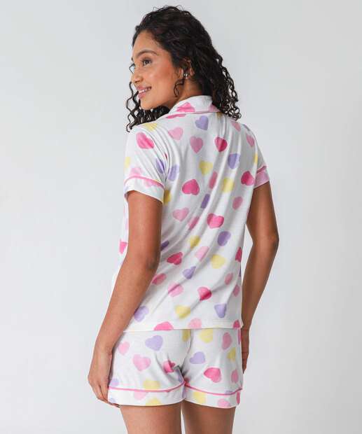 Pijama Americano Feminino Corações Marisa Off White