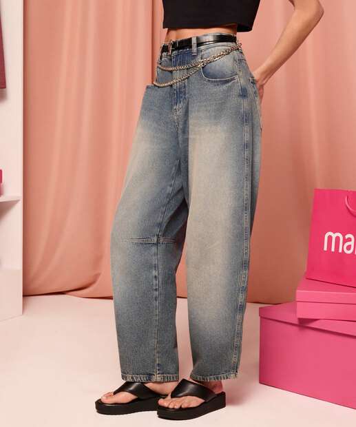 Calça Jeans Barrel Feminina Bolsos Marisa