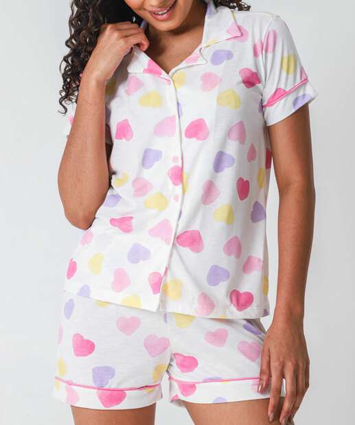 Pijama Americano Feminino Corações Marisa Off White