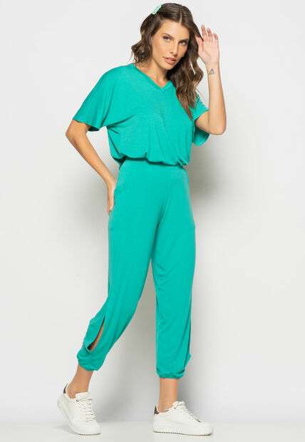 Image_Conjunto Blusa Ampla Gola V e Calça Jogger Fenda Malha Verde Salvatore