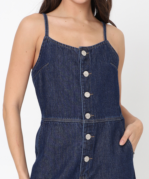 Macacão Feminino Pantacourt Jeans Alças Finas Marisa Azul