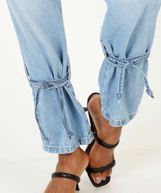 Calça Reta Feminina Bolsos Amarração Zune Jeans
