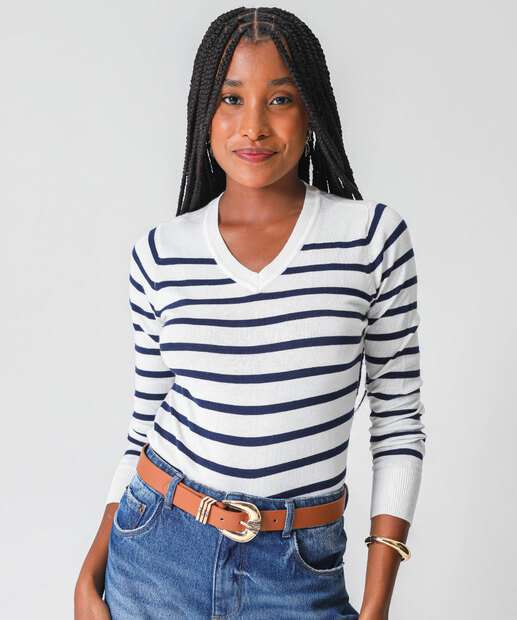 Image_Suéter Feminino Listrado Gola V Marisa Off White