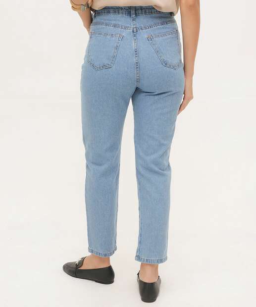 Calça Mom Jeans Bolsos Cintura Alta