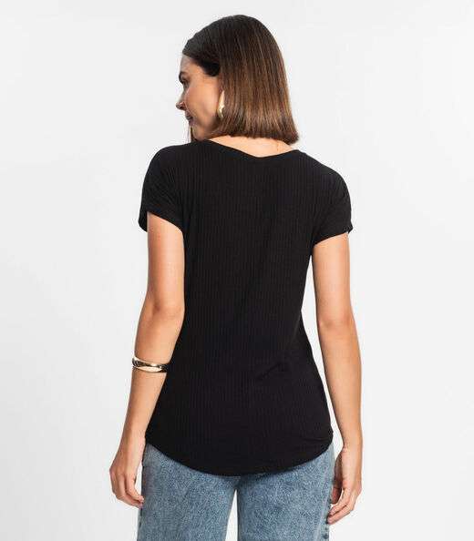 Blusa Feminina Ribana Canelada Básica Rovitex Preto