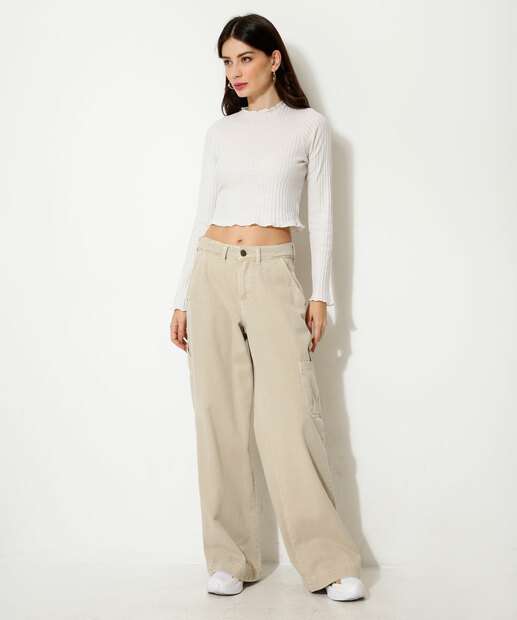 Blusa Cropped Feminina Canelada Gola Alta Manga Longa