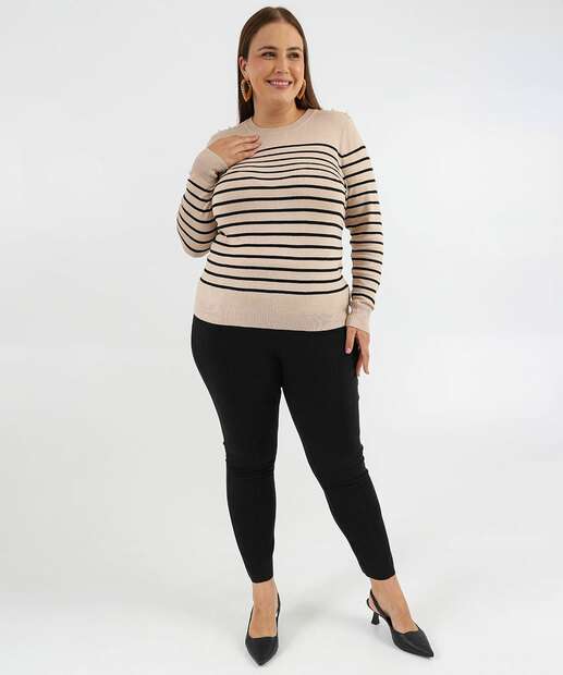 Suéter Plus Size Feminino Tricô Listrado Pérolas Marisa Bege