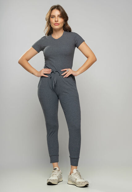 Blusa Comfy Básica Manga Curta Malha Canelada Grafite Salvatore Fashion