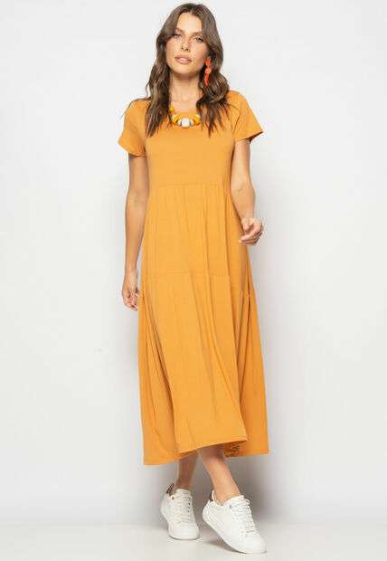 Vestido Midi Manga Curta Com Babado Caramelo Salvatore