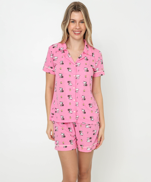 Image_Pijama Feminino Americano  Manga Curta Snoopy Rosa