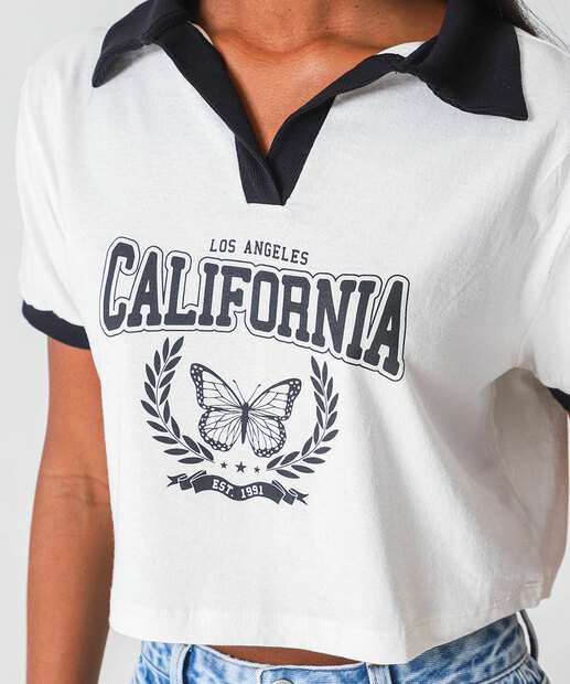 Blusa Polo Cropped Feminina Estampada Marisa Off White