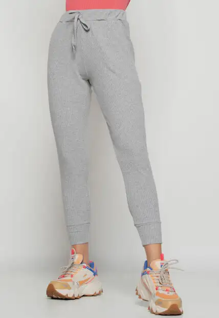 Kit 3 Calças  Jogger Comfy Malha Canelada Preta, Verde e Mescla