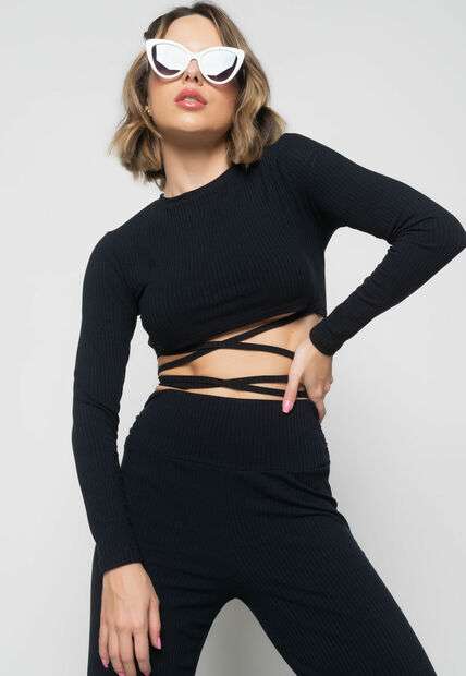 Image_Cropped Gola Redonda Manga Longa Com Tiras Malha Canelada  Fashion Preto