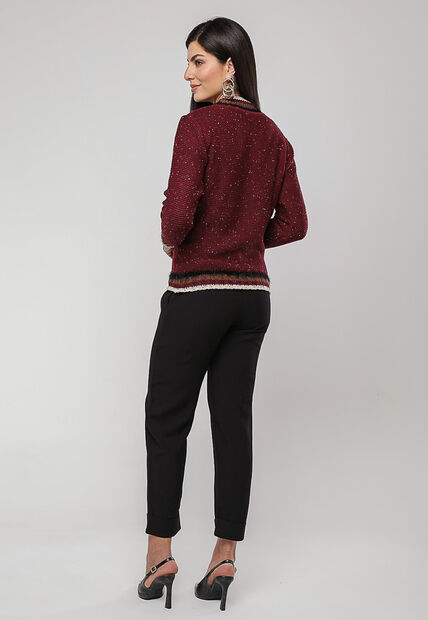 Blusa de Tricot com Fio Boton? Gola Listra Vinho Salvatore