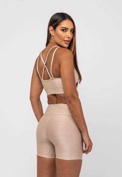 Top Suplex Canelado Brilho Decote e Tiras Bege Salvatore Fashion